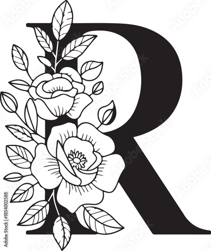 Floral alphabet capital letter r with hand drawn flowers and leaves isolated on transparent background