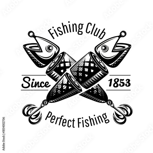 Two Spoon-bait fish crossed on white in engraving style. Fish-Shaped Fishing Lure Design vector monochrome illustration. Emblem for fishing or fishing club on white