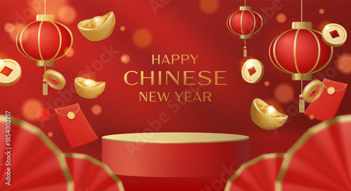 3D vector illustration of red podium with happy chinese new year text. Concept for lunar holiday background and gold wealth celebration. Luxury and premium festive design banner template.