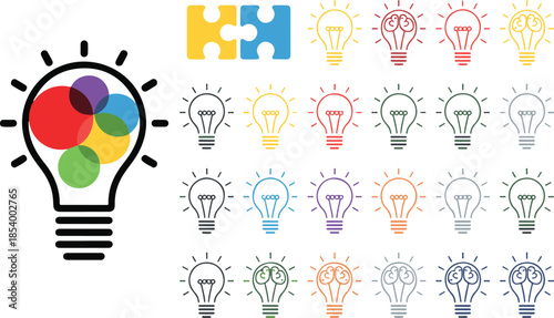 Creative thinking concept with various colored light bulbs and brain icons, representing ideas, innovation, and problem solving