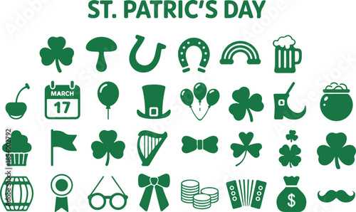 St patrick's day vector icon set, featuring shamrocks, leprechaun hat, pot of gold, and other festive Irish symbols