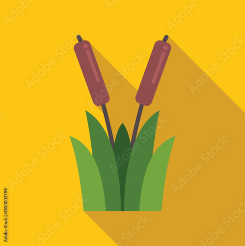 Cattails plants growing in green grass on a yellow background