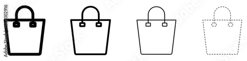 Shopping bag icon. Pictogram of a bag or package with handles and a straight top edge: outline lines and dashed line. Four style variations. Vector illustration.