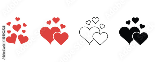 four variations of hearts grouped together showing different colors and outline styles