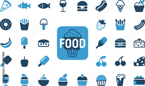 food icons set on transparent background with large cupcake and text on blue square