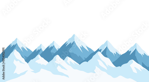 Blue layered mountain range border illustration with snowy peaks and minimal alpine landscape isolated on transparent background