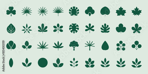 collection of various green leaf and tree icons on a light green background representing nature and growth