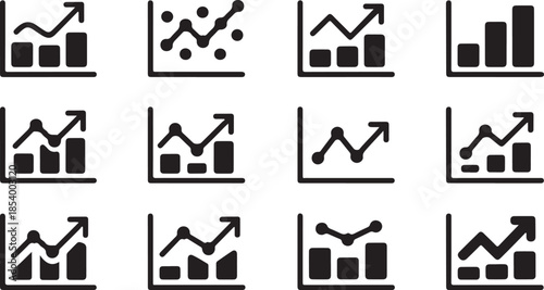 collection of twelve various black graph and chart icons on a transparent background symbolizing data