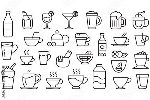 Beverage and Drink Line Icons for Coffee Apps, Bar Menus, UI Design
