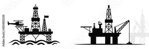 Oil drilling platforms on white background, offshore gas rig, energy exploration, marine extraction, industry concept