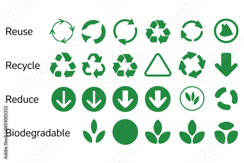 Set of green recycling symbols arrows and leaf icons for reuse recycle reduce and biodegradable waste management concepts