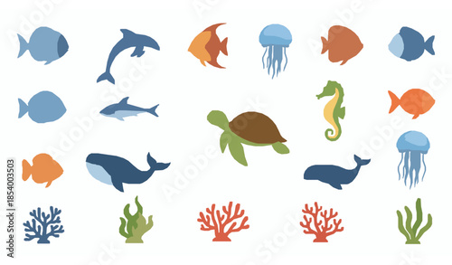  Fish and underwater life semi-flat vector icon collection for education and ecology
