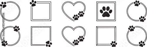 Set of pet paw print frames vector illustrations isolated on transparent background heart and square shapes with paw prints