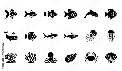 Aquatic life filled fish vector icon set with marine animals isolated on white