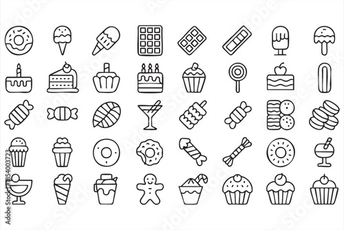Sweets and Pastry Line Icons for Bakery Branding, Food Interfaces
