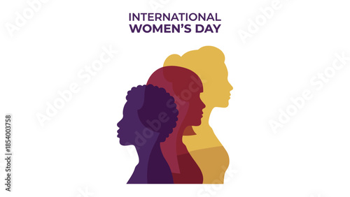 International Women's Day, diverse female profiles, bold text design, March 8 celebration, unity and empowerment, gender equality, flat vector illustration