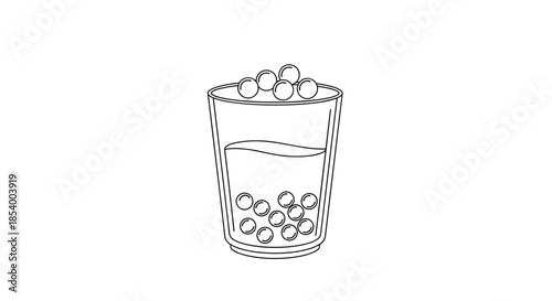 Line art illustration of a glass filled with oolong milk tea, featuring tapioca pearls, isolated on a white background