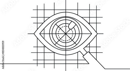 Detailed technical drawing of an eye with a grid background and a magnifying glass