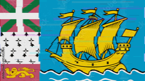 Saint pierre and Miquelon glitch flag vector, RGB split distortion, digital abstract video frame illustration