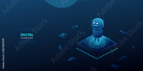 Digital technology concept a lonely robot figure in a blue abstract space