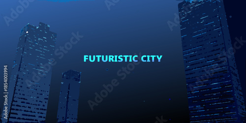 A digital rendering of a futuristic city skyline at night