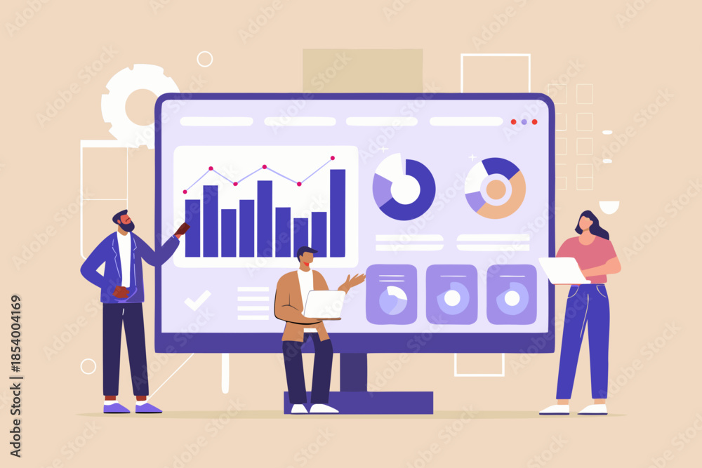 Fototapeta premium Team analyzing data visualizations on a large computer screen for business insights