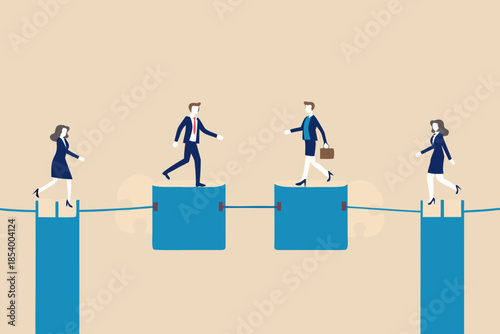 Business people walking on a tightrope over blue pillars demonstrating risk