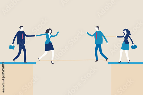 Business professionals walking on a tightrope illustrating teamwork and connection