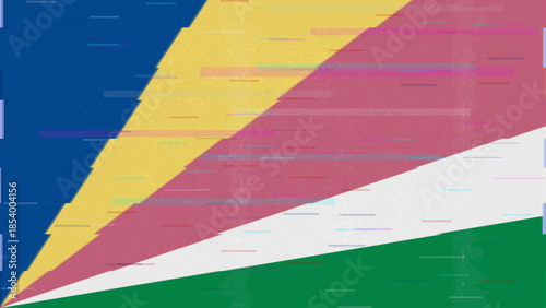 Seychelles glitch flag vector, RGB split distortion, digital abstract video frame illustration
