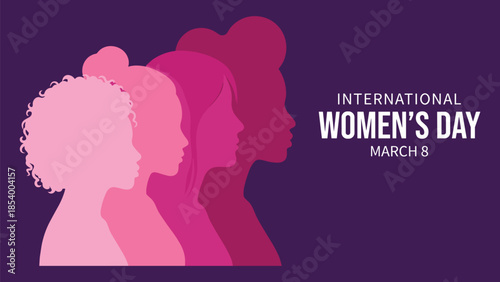 International Women's Day, diverse female profiles, pink purple theme, March 8 celebration, unity and equality, empowering women, flat vector illustration
