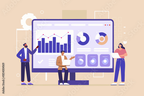 Team analyzing data visualizations on a large computer screen for business insights