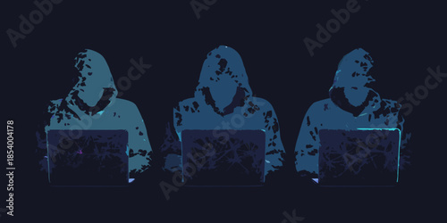 Three hooded figures working on laptops in a darkened digital environment