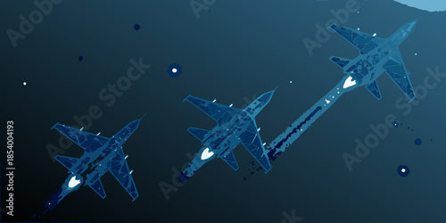 Three fighter jets in a dark blue sky with glowing light trails