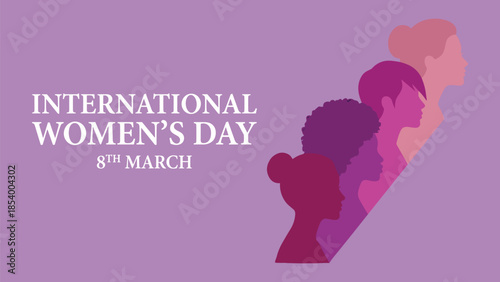 International Women's Day, diverse female silhouettes, pink purple theme, March 8 celebration, unity and empowerment, equality concept, flat vector illustration
