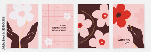 Minimalistic floral set of cards for Women's Day. Flowers in hand. International Women's Day. Stylish card for Women's Day.