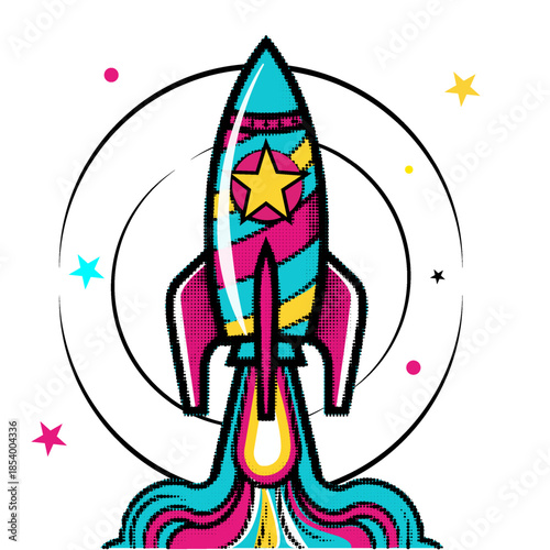 Colorful space rocket launching with smoke and stars in a retro pop art comic book style, vector illustration