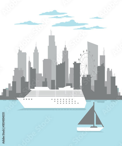 Modern city waterfront illustration featuring a large cruise ship sailing near an urban skyline with skyscrapers, ferris wheel, sailboat, and calm water. Suitable for travel, tourism, transportation, 
