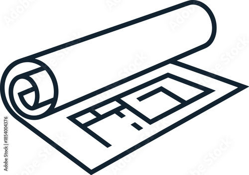Detailed blueprint or architectural plan rolled up with visible outlines and measurements on a flat surface