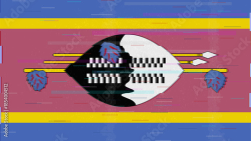 Kingdom of eSwatini glitch flag vector, RGB split distortion, digital abstract video frame illustration