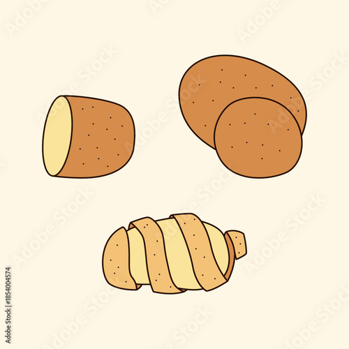 Simple Potato Vector Set – Minimal Whole, Sliced, and Peeled Potato Illustration for Food, Packaging, and Menu Design