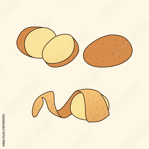 Simple Potato Vector Set – Minimal Whole, Sliced, and Peeled Potato Illustration for Food, Packaging, and Menu Design