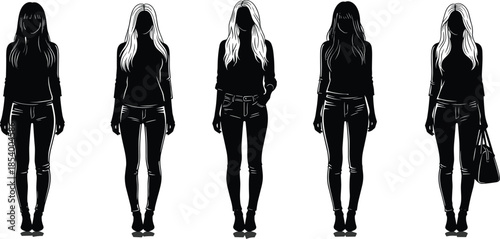 Black silhouettes of fashionable women standing in skinny jeans and long hair, casual female figures with handbags isolated on white background, vector