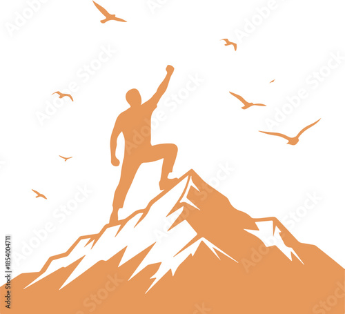 Triumphant man standing on mountain peak with birds flying around