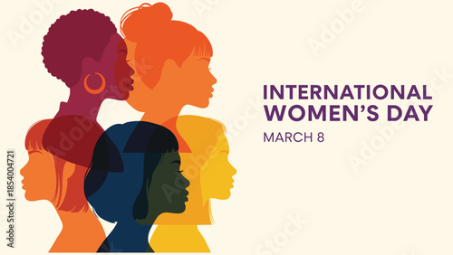 International Women's Day, diverse women profiles, unity illustration, March 8 celebration, female empowerment, equality concept, inclusive design, flat vector illustration
