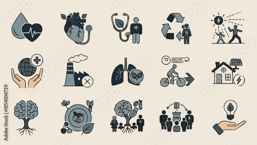 Collection of Icons Representing Health Environment and Technology Concepts.