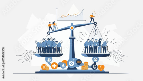 People balancing on a scale with coins and gears below.