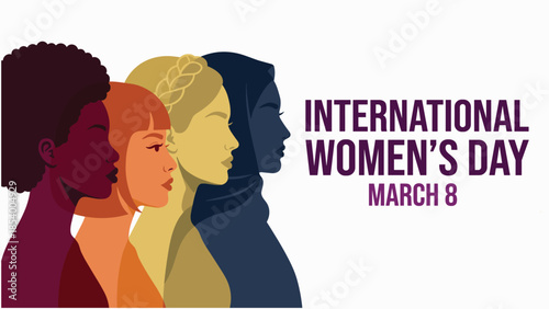 International Women's Day celebration, diverse female profiles, multicultural women empowerment, equality awareness, March 8 event, feminism concept - flat vector illustration