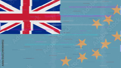 Tuvalu glitch flag vector, RGB split distortion, digital abstract video frame illustration