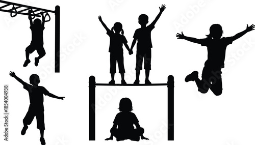Black silhouettes of happy children playing on playground equipment, kids jumping and climbing on bars, childhood fun isolated on white background, vector