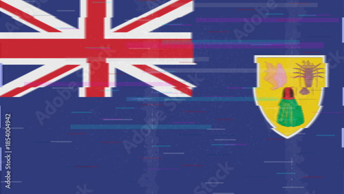 Turks and Caicos glitch flag vector, RGB split distortion, digital abstract video frame illustration